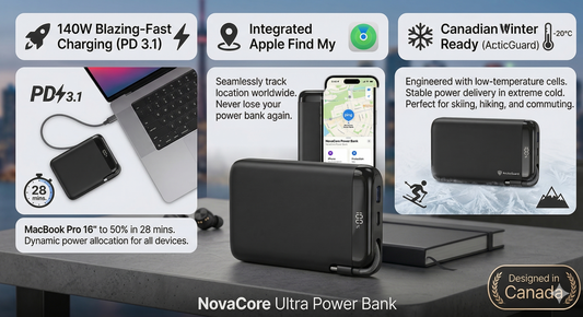 NovaCore Ultra 140W PD 3.1 Power Bank, 27,000mAh Portable Laptop Charger with Apple Find My, Built-in USB-C Cable, OLED Smart Display, Extreme Weather Optimized for MacBook Pro, iPhone 17, and iPad.